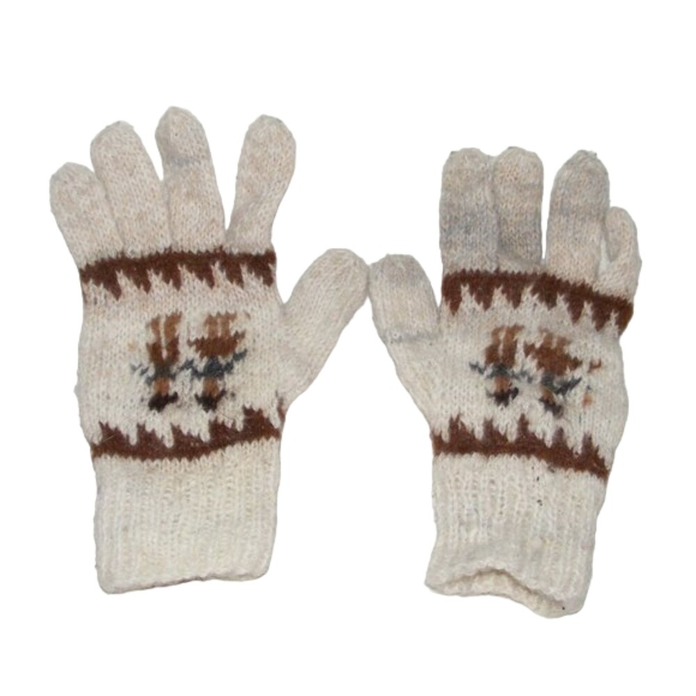 Alpaca Knit Gloves, OS, Peru, Cream & Brown, Peru, 2 people